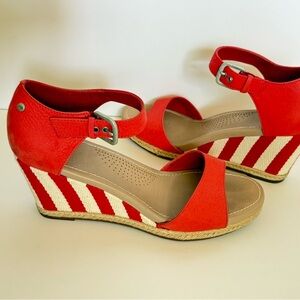 UGG Red and White Striped Wedge Sandals